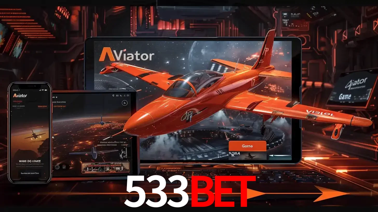 Apresentação tecnológica do jogo Aviator com um avião saindo da tela de um tablet, demonstrando a experiência imersiva em múltiplos dispositivos no 533BET.