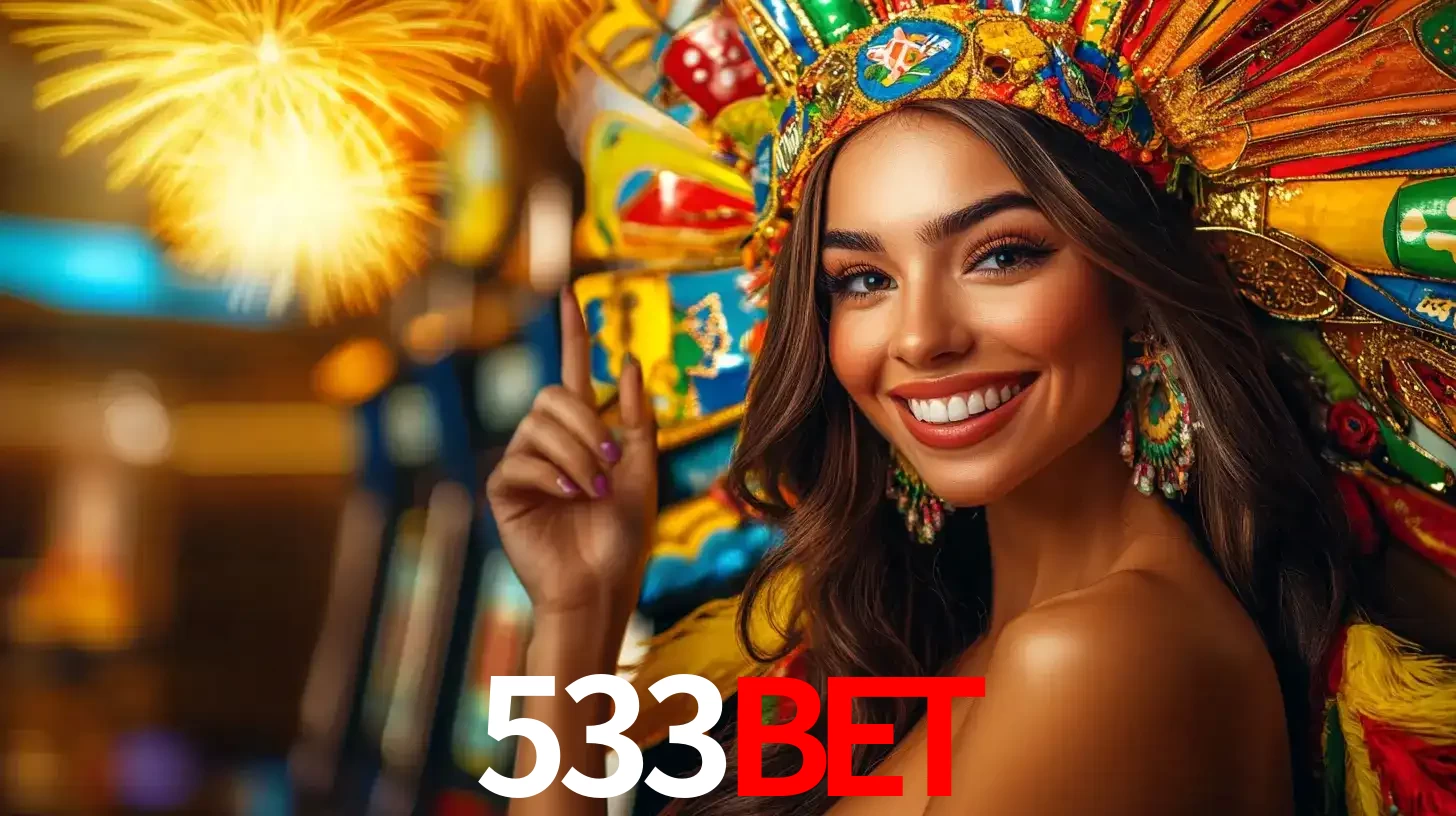 Mulher sorridente com um cocar de carnaval vibrante e colorido, celebrando uma grande vitória nos jogos do cassino 533BET com fogos de artifício ao fundo.