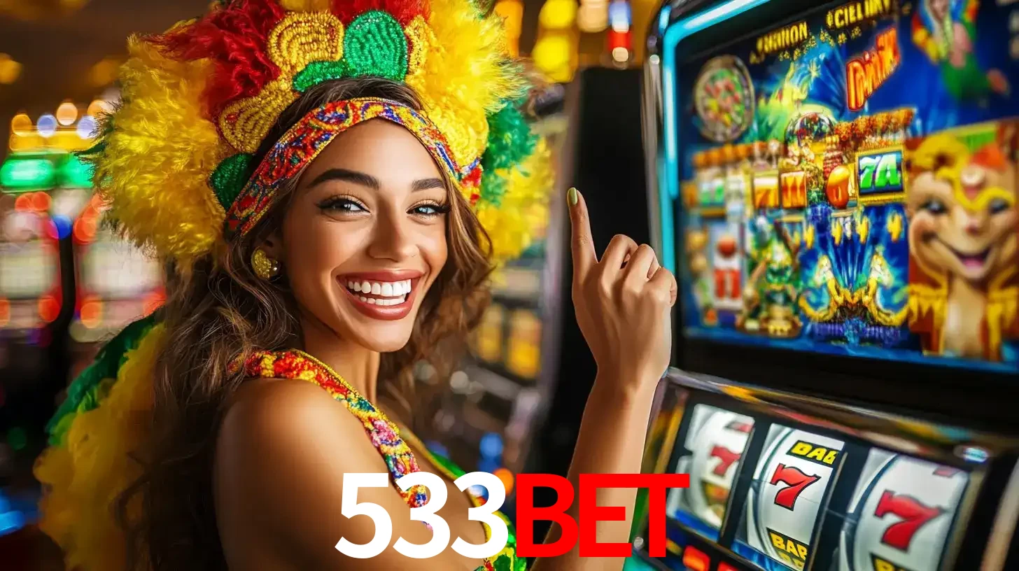 Mulher animada com um cocar de carnaval apontando para uma máquina de caça-níqueis, mostrando a emoção de ganhar um grande prêmio nos jogos do 533BET.
