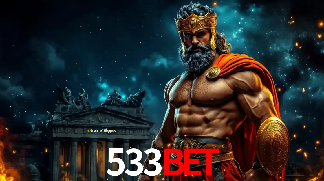 O poderoso Zeus do jogo de slot Gates of Olympus em frente ao seu templo, pronto para lançar multiplicadores divinos e prêmios épicos no cassino online 533BET.