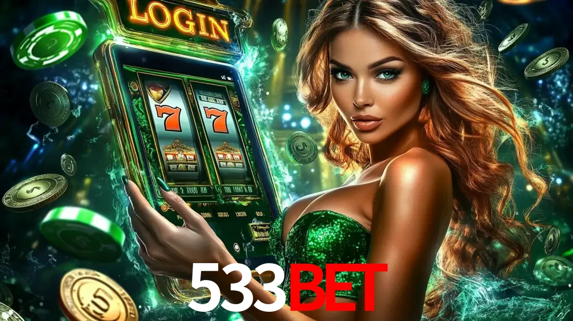 Mulher com tema verde apresentando o aplicativo do cassino 533BET com um jogo de slot de 777, cercada por fichas de cassino e uma aura de sorte.