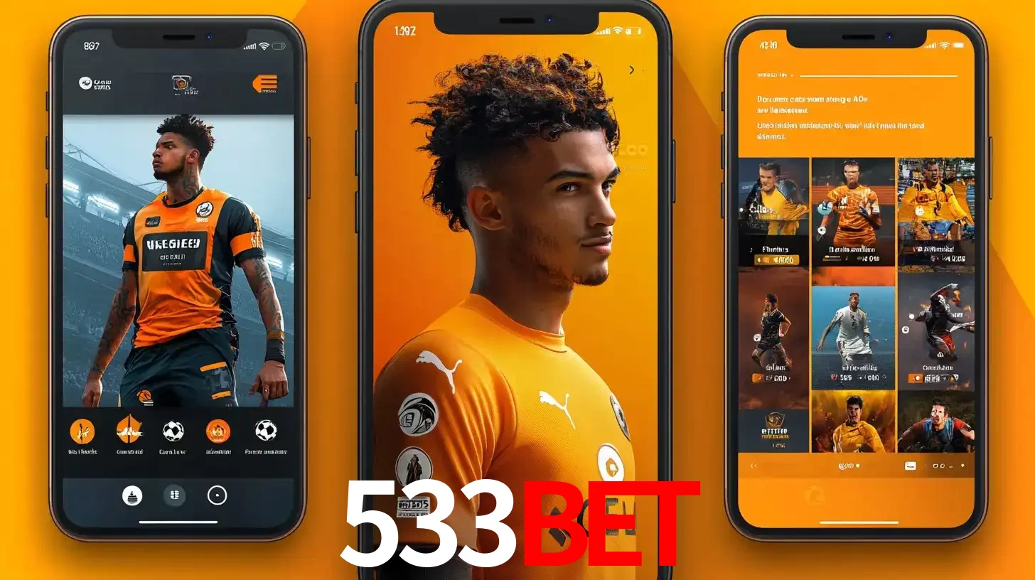 Interface do aplicativo de apostas esportivas 533BET em três telas de celular, mostrando o perfil de um jogador de futebol e a lista de jogos disponíveis para apostar.