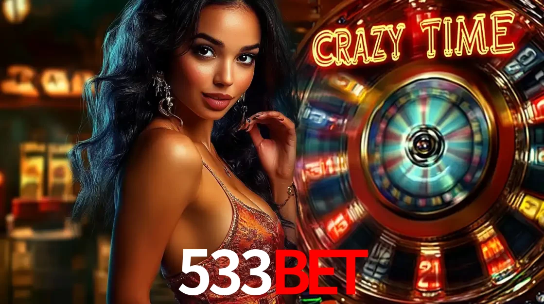 Mulher elegante ao lado da vibrante roda da fortuna do jogo de cassino ao vivo Crazy Time, um dos game shows mais populares e cheios de prêmios do 533BET.