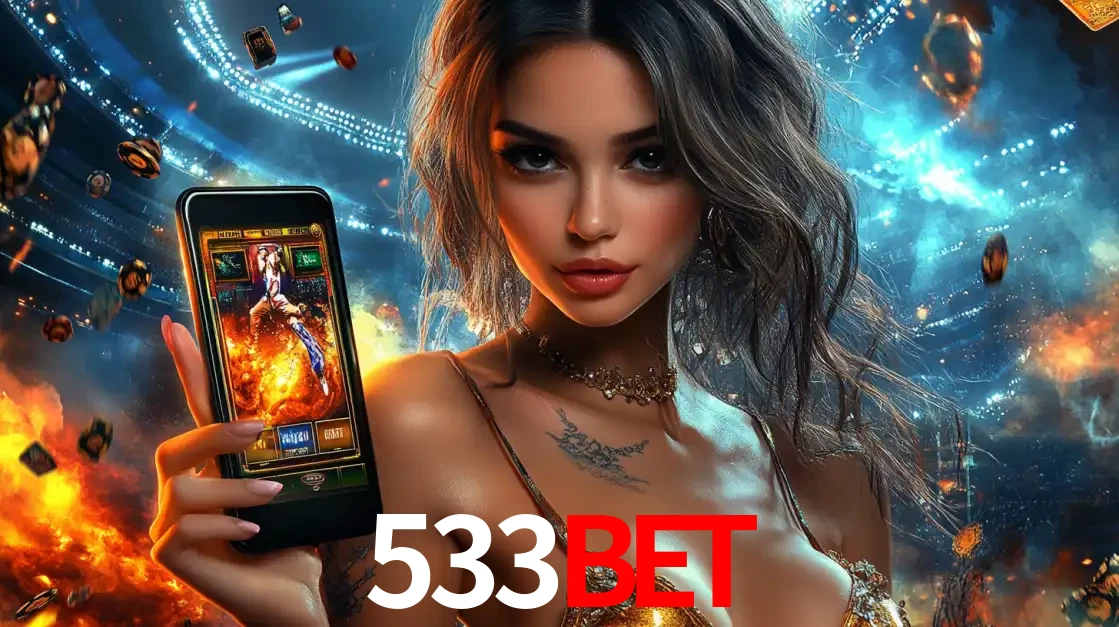 Mulher segurando um celular com um jogo de slot em destaque, tendo como fundo um estádio vibrante, simbolizando a emoção de jogar no cassino móvel 533BET.